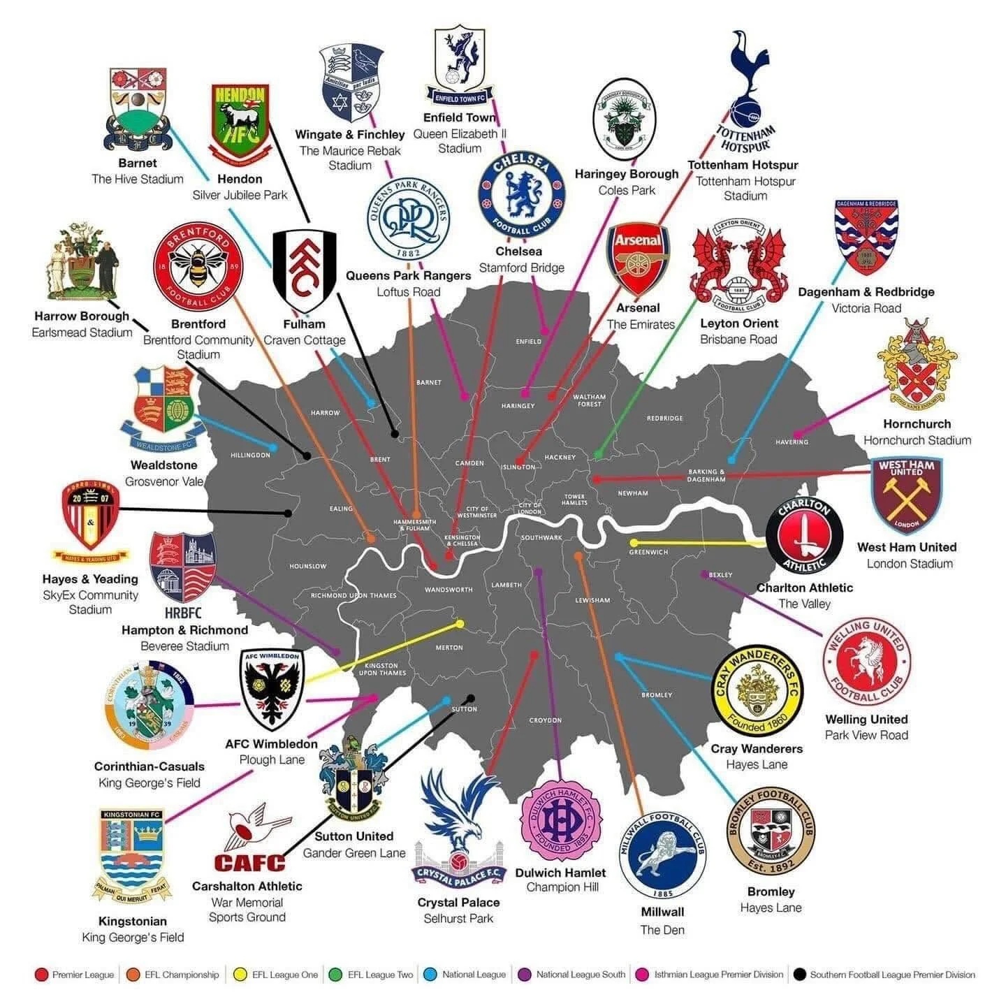 Mapa Londýna s umístěním fotbalových klubů a stadionů
